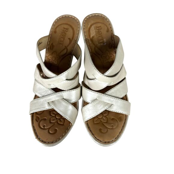 Born Cream Leather Strappy Wood Stacked Chunky Heel Sandals Heels Size 8 - Picture 6 of 7